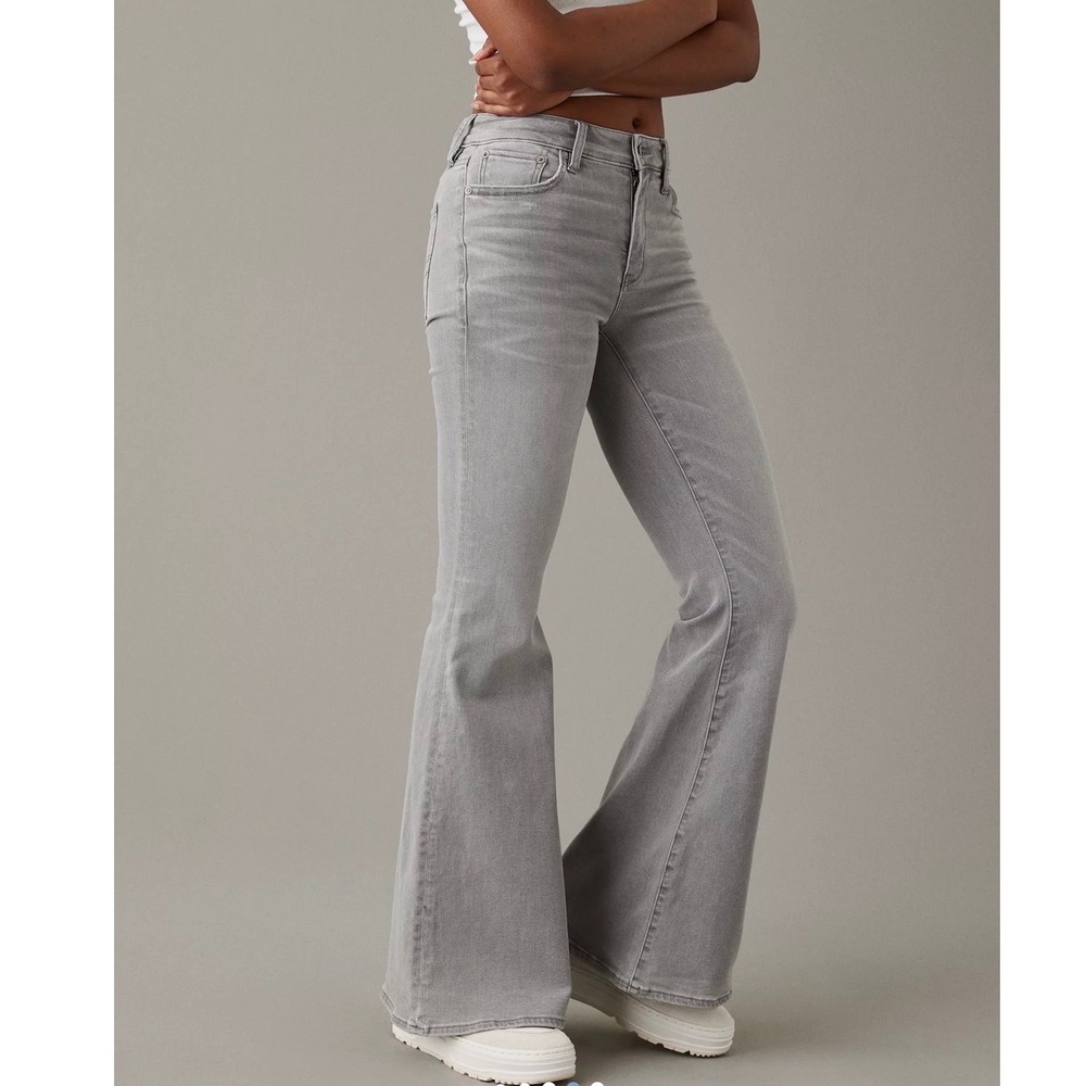 American Eagle Festival Flare Jeans 00 Gray Womens High Rise Stretch Boho